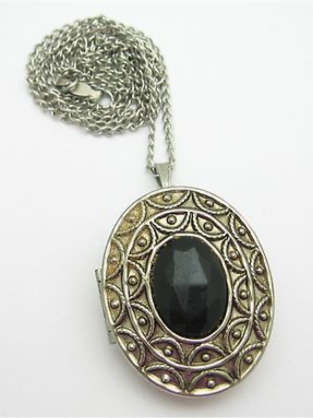 Avon Silver-Tone Oval Locket Necklace with Black Cabochon